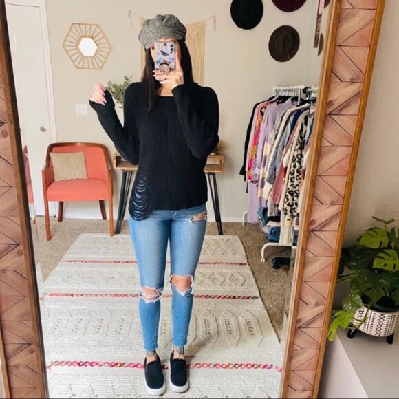 Anthropologie One Grey Day Robert Sweater Cropped Shredded Knit Crewneck Black - Picture 4 of 16